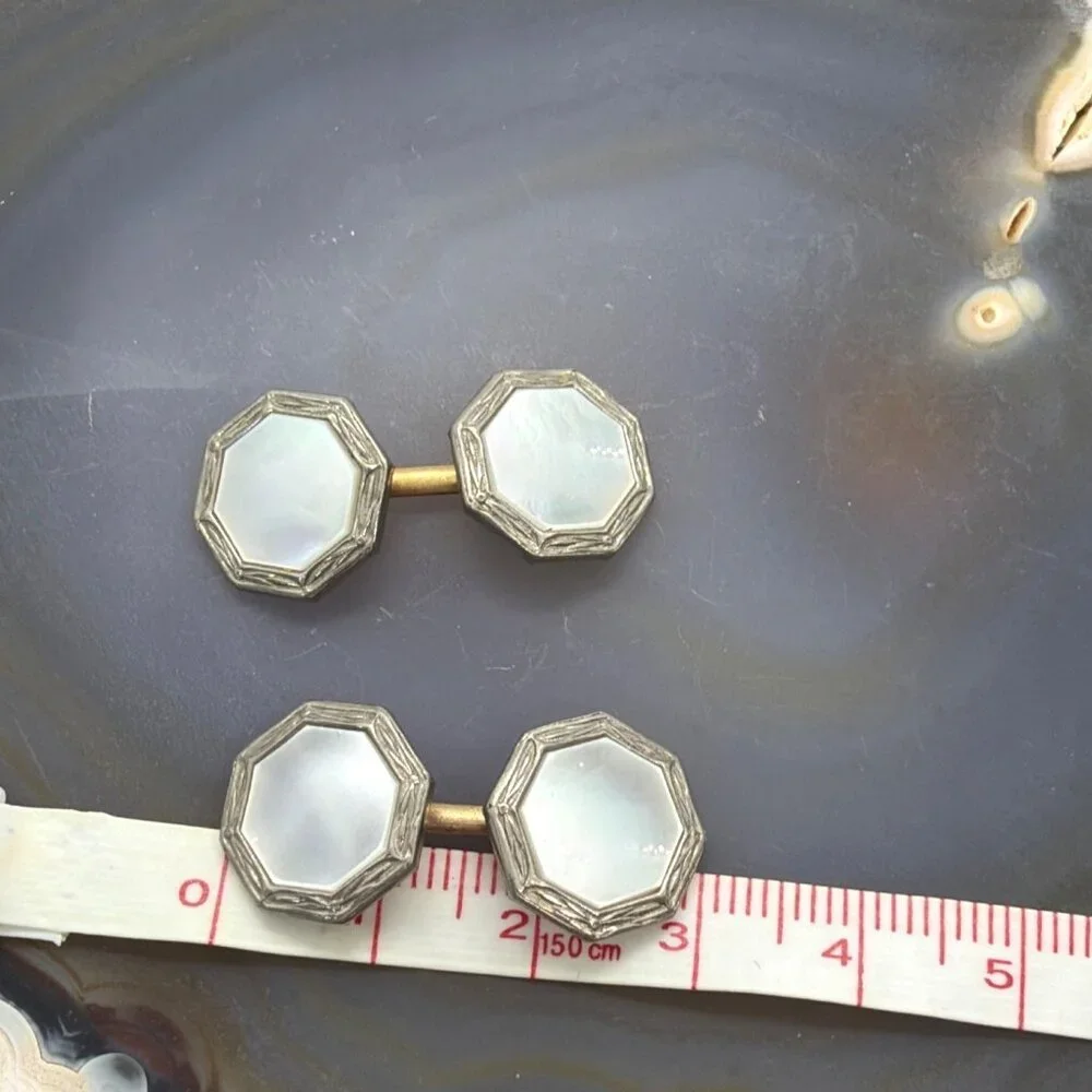 Vintage Art Deco Mother of Pearl Rolled Gold Plate Tuxedo Double Sided Cufflinks - Picture 4 of 14
